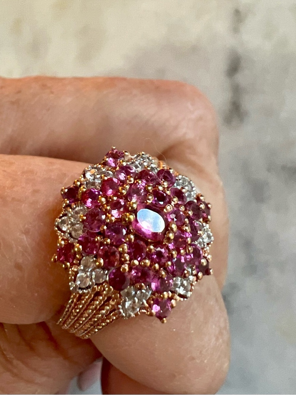 Signed STS 925 Sterling Silver Rose Gold Tone Pink & White Floral Ring Sz 7